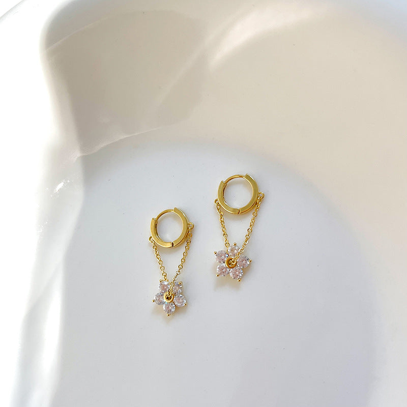 Crystal Flower Chain Huggie Earrings, Dainty 5-Petal Floral Drop Hoops