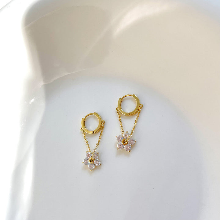 Crystal Flower Chain Huggie Earrings, Dainty 5-Petal Floral Drop Hoops
