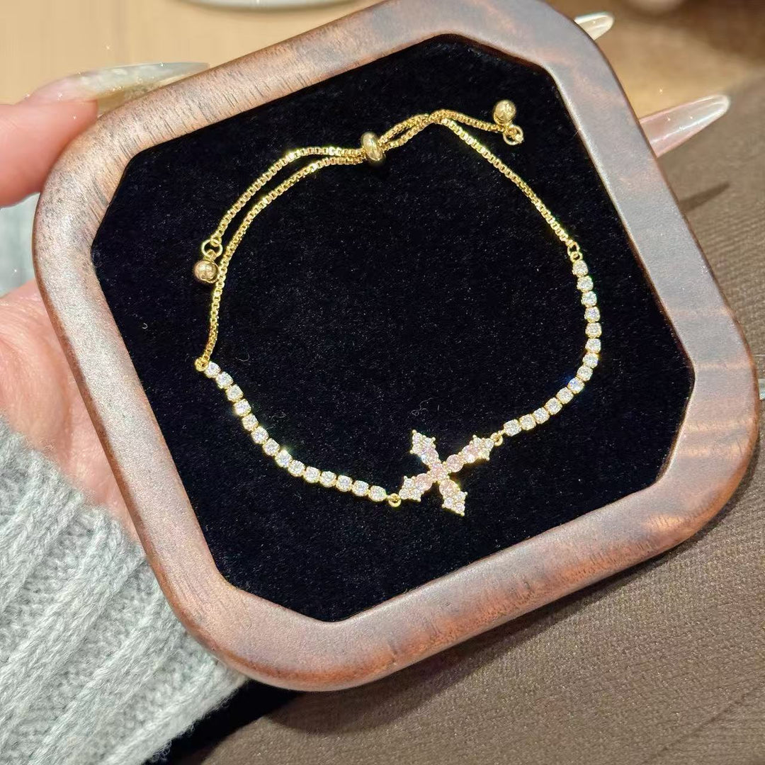 S925 Silver Paved Cross Adjustable Bracelet, Minimal Luxury Two Color Stackable Wrist Jewelry