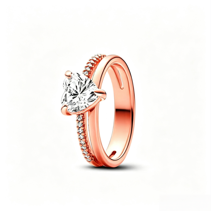 Heart Center Stone Double Layer S925 Silver Ring, 3-Prong Heart Diamond Luxury Band Multiple Colors Available
