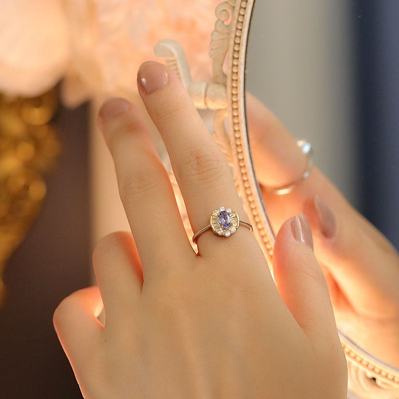 Oval Purple‑Diamond Halo Two‑Tone Vintage Ring