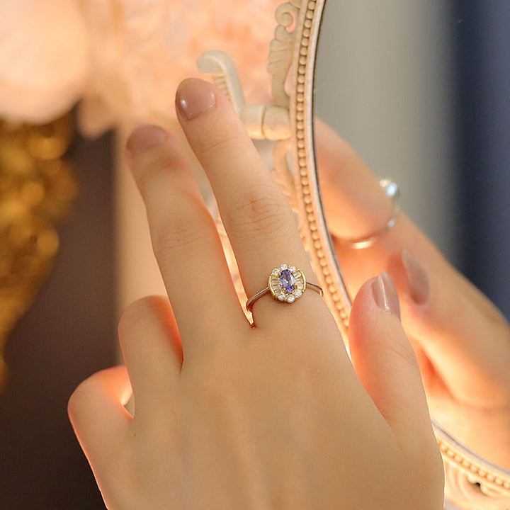 Oval Purple‑Diamond Halo Two‑Tone Vintage Ring
