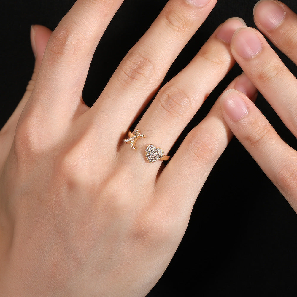 26 Letter Heart S925 Silver Open Ring, Paved Diamond Adjustable Letter Heart Band Available in 3 Tones