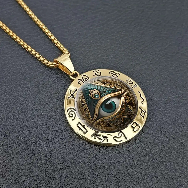 Vintage Horus Eye Pyramid Rune Round Pendant Necklace