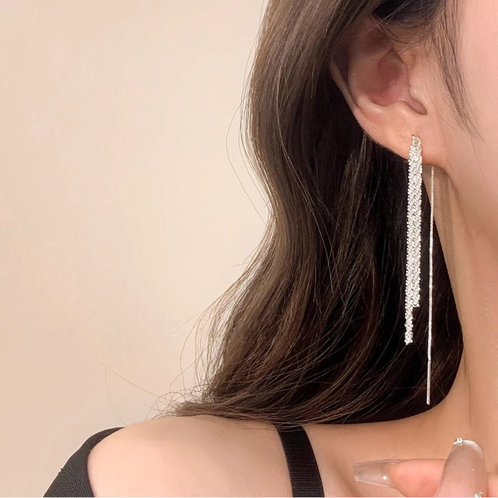 Double Sparkle diamond Tassel Long Drop Earrings (Delicate Luxury Silver Dangles)
