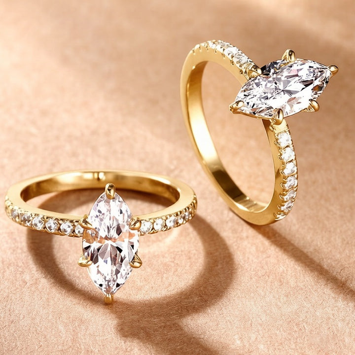 Marquise Cut Six-Prong Paved Thin Shank Ring, Gold & Silver Elegant Engagement Band for Women