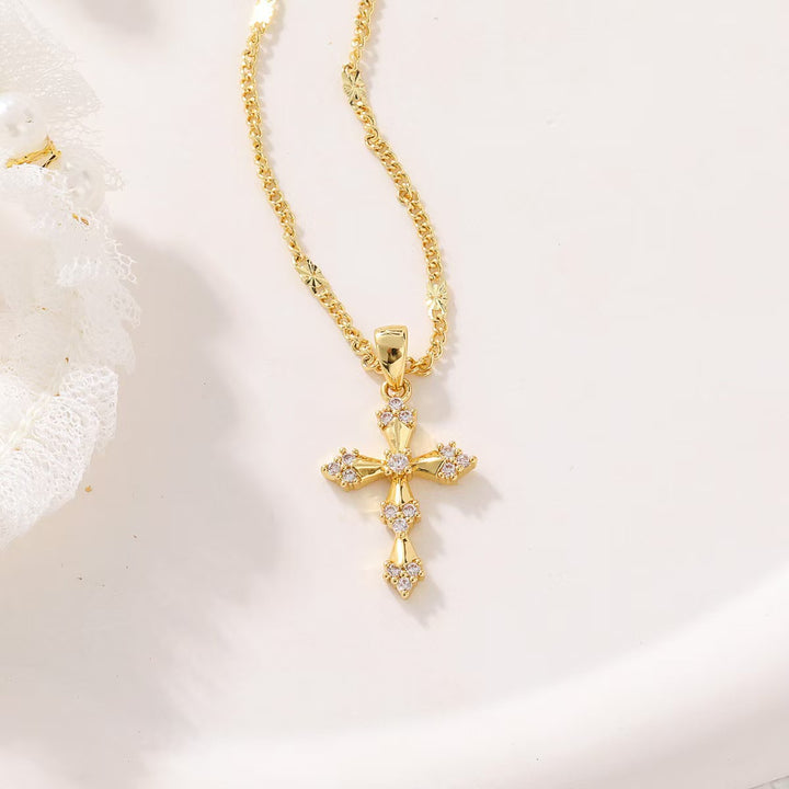 Vintage Gothic Pave Diamond Cross Necklace, 14K Gold Plated Luxury Diamond Cross Pendant Clavicle Chain