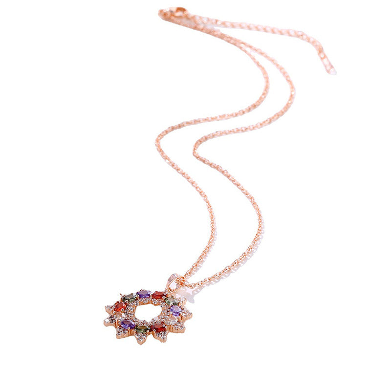 Multi-Color Gem Wreath Snowflake Rose Gold Pendant Necklace