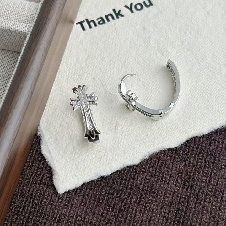 Vintage Cross Pavé Huggie Earrings (Light Luxury Niche Edgy Sweet Earrings)