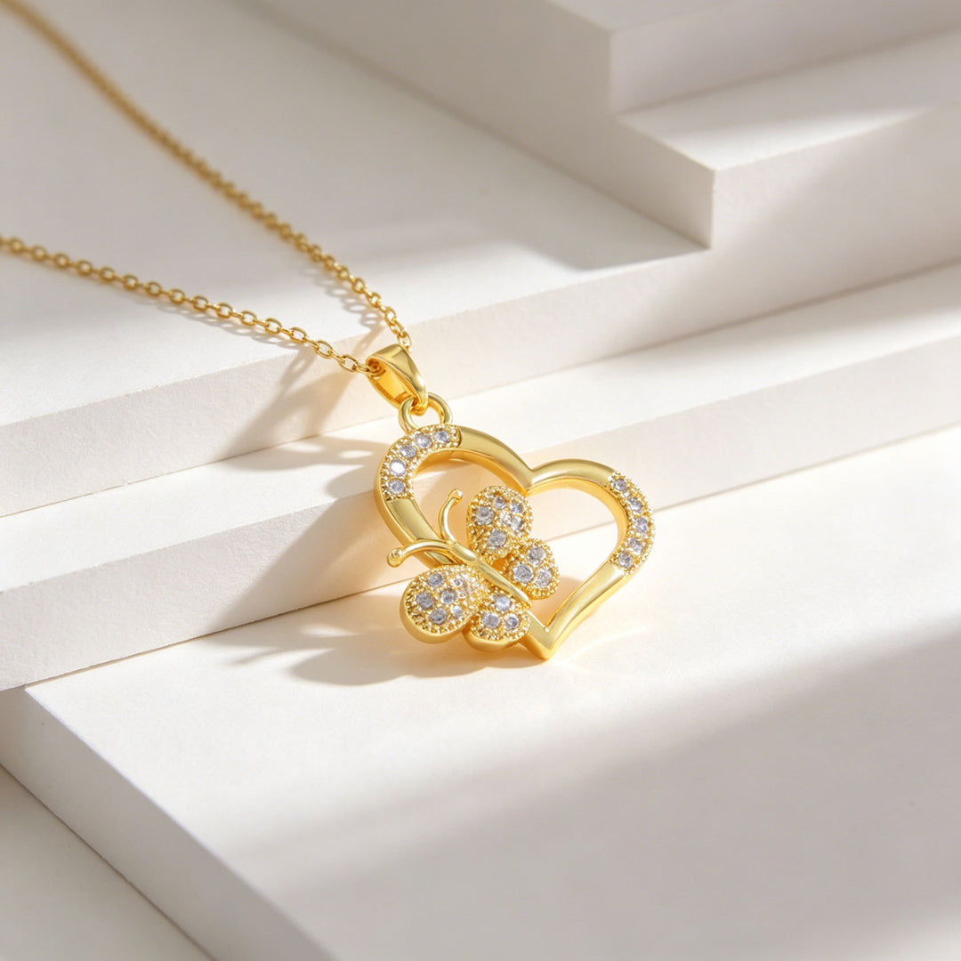 Heart & Butterfly Diamond Necklace, Gold & Silver Two-Tone Hollow Choker