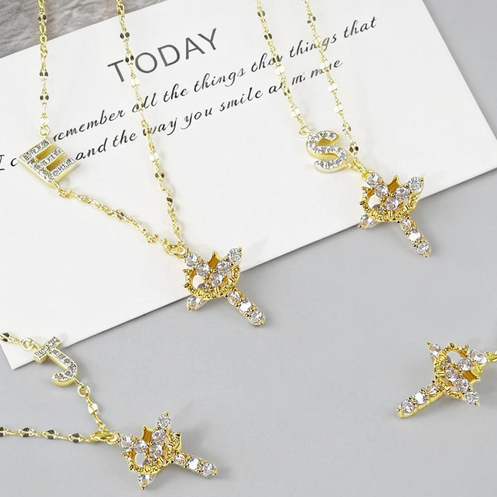 Diamond Initial & Cross Double Pendant Necklace (26 Letters Gold Tone Lip Chain)