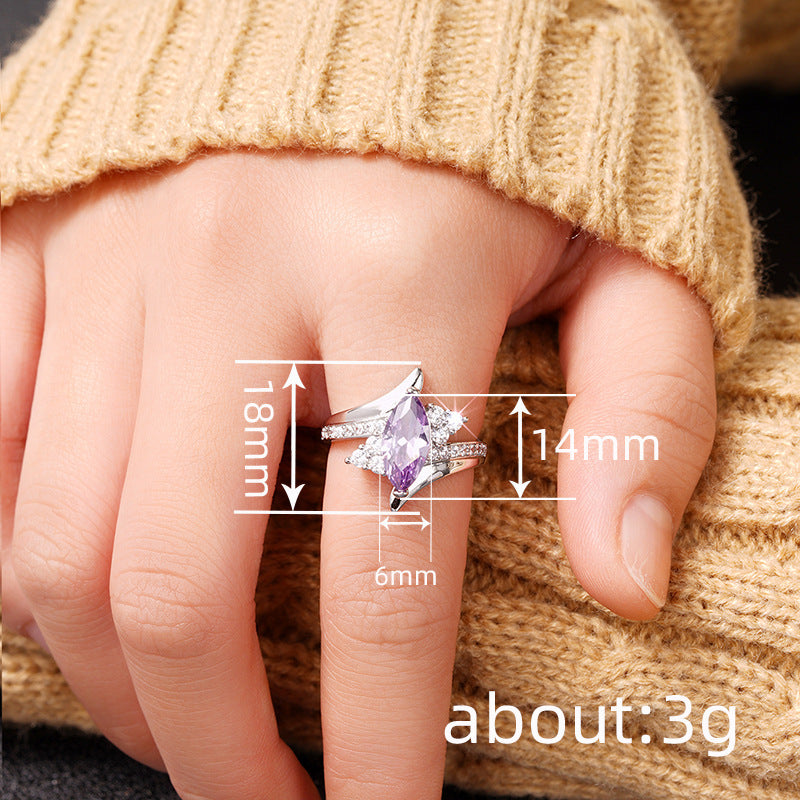 Marquise‑Cut Purple Diamond Crown‑Shaped Wrap Open‑Band Ring For Women