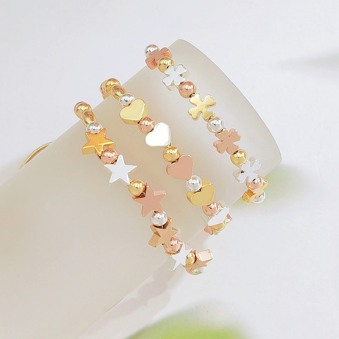 Tri‑Color Metal Beaded Adjustable Bracelet, Heart/Star/Four‑Leaf Clover Styles