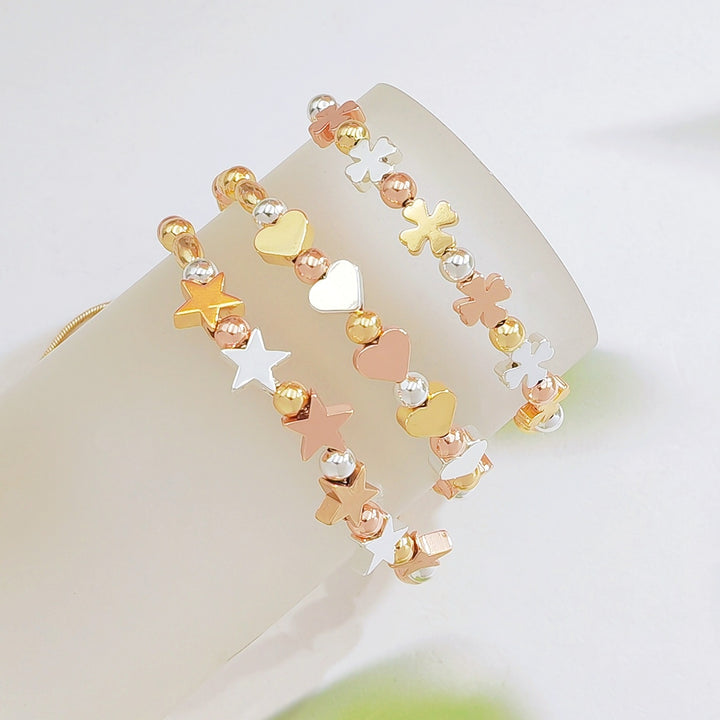 Tri‑Color Metal Beaded Adjustable Bracelet, Heart/Star/Four‑Leaf Clover Styles