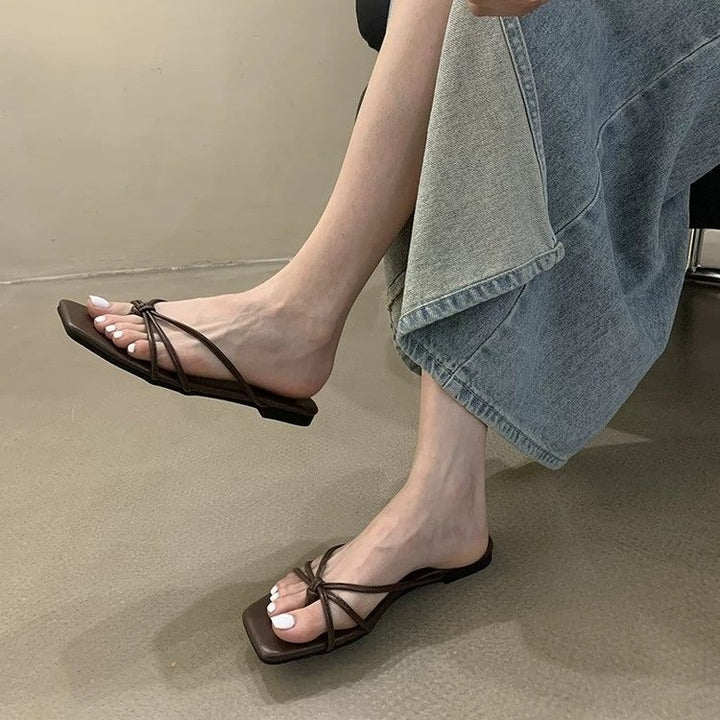 French Thin Strap Square Toe Slide Sandals, Multi Color Flat Summer Slippers