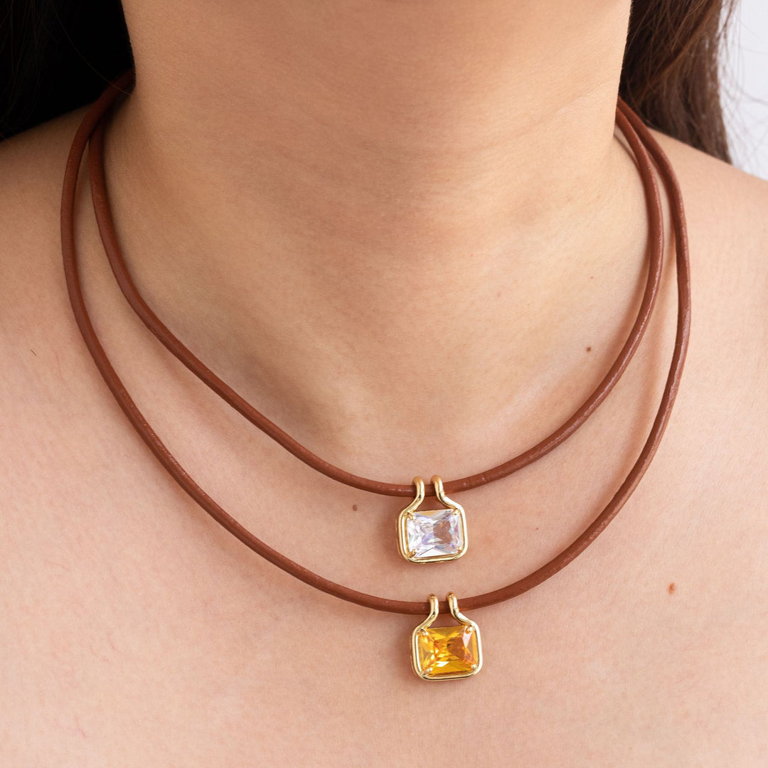 Square Multicolor Diamond Leather Cord Choker Necklace