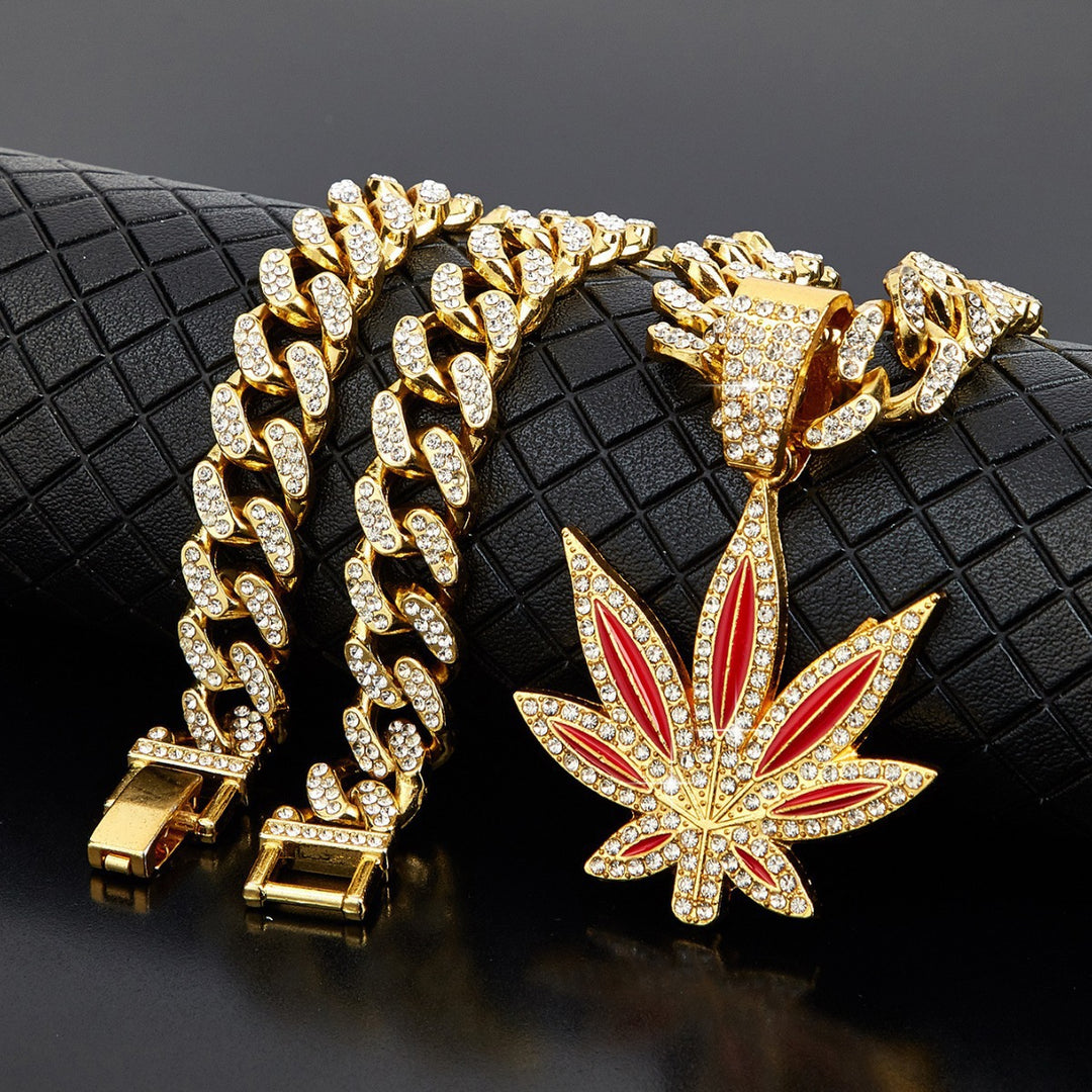 Color Enamel Maple Leaf Iced Out Cuban Necklace, Hip Hop Chunky Diamond Chain Trendy Pendant Necklace for Men