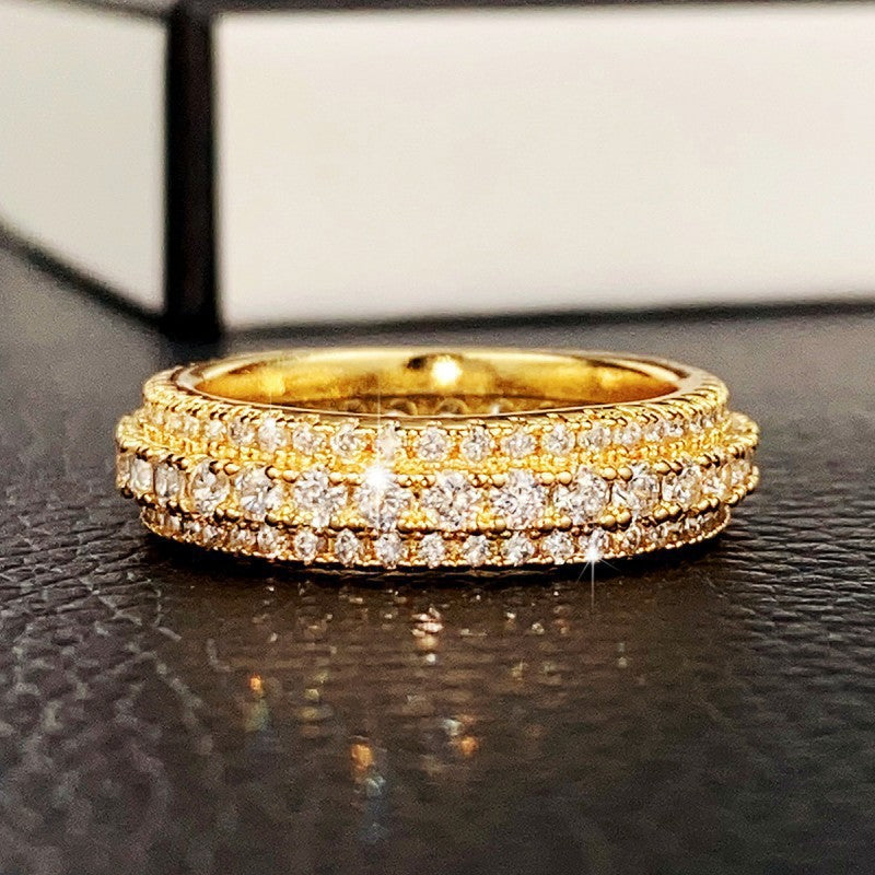 Three‑Row Full‑Paved S925 Silver Band Ring, Vintage Milgrain Eternity Ring With Full‑Circle Diamonds, Gold / Silver / Rose‑Gold Three‑Tone