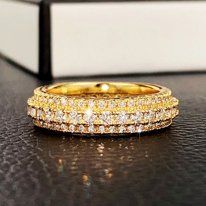 Three‑Row Full‑Paved S925 Silver Band Ring, Vintage Milgrain Eternity Ring With Full‑Circle Diamonds, Gold / Silver / Rose‑Gold Three‑Tone