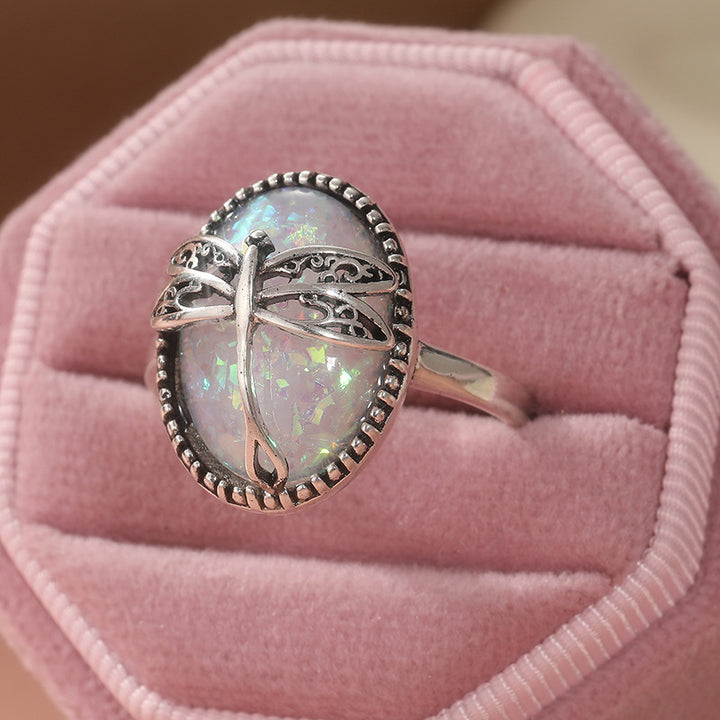 Vintage Hollow Dragonfly White Mother-of-Pearl Oval Ring, Antique S925 Silver Scalloped Bezel Art Statement Ring