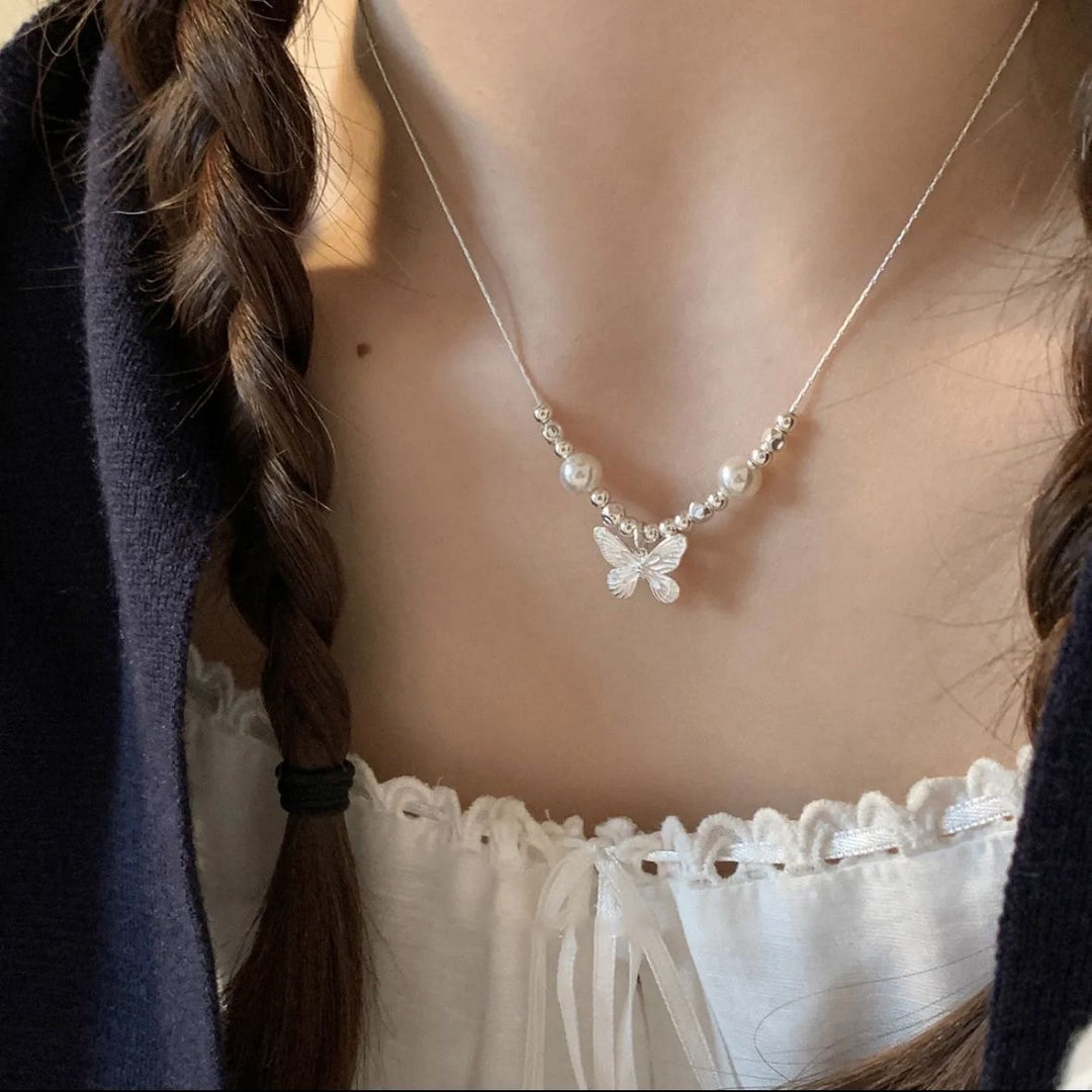 Embossed Butterfly & Pearl Thin Clavicle Chain, Dainty Geometric Bead Feminine Necklace