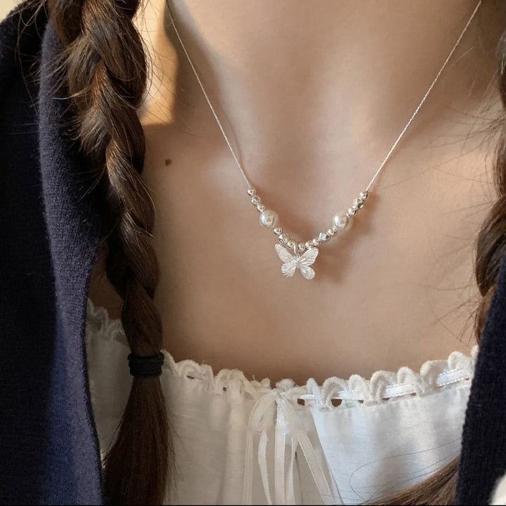 Embossed Butterfly & Pearl Thin Clavicle Chain, Dainty Geometric Bead Feminine Necklace