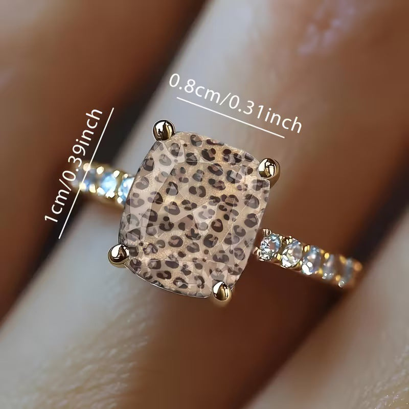 Luxury Glitter Leopard Print Rectangle Stone Pave Band Ring, Solid S925 Silver Gold-Plated Trendy Unique Band for Women