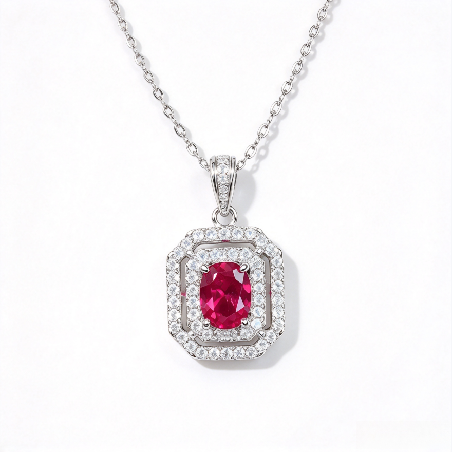 Octagonal Double Halo Gemstone Necklace