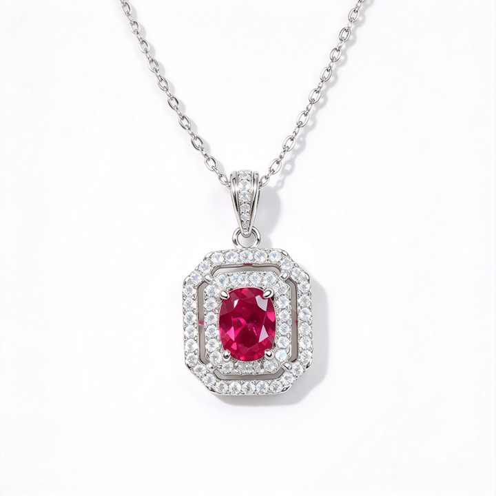 Octagonal Double Halo Gemstone Necklace