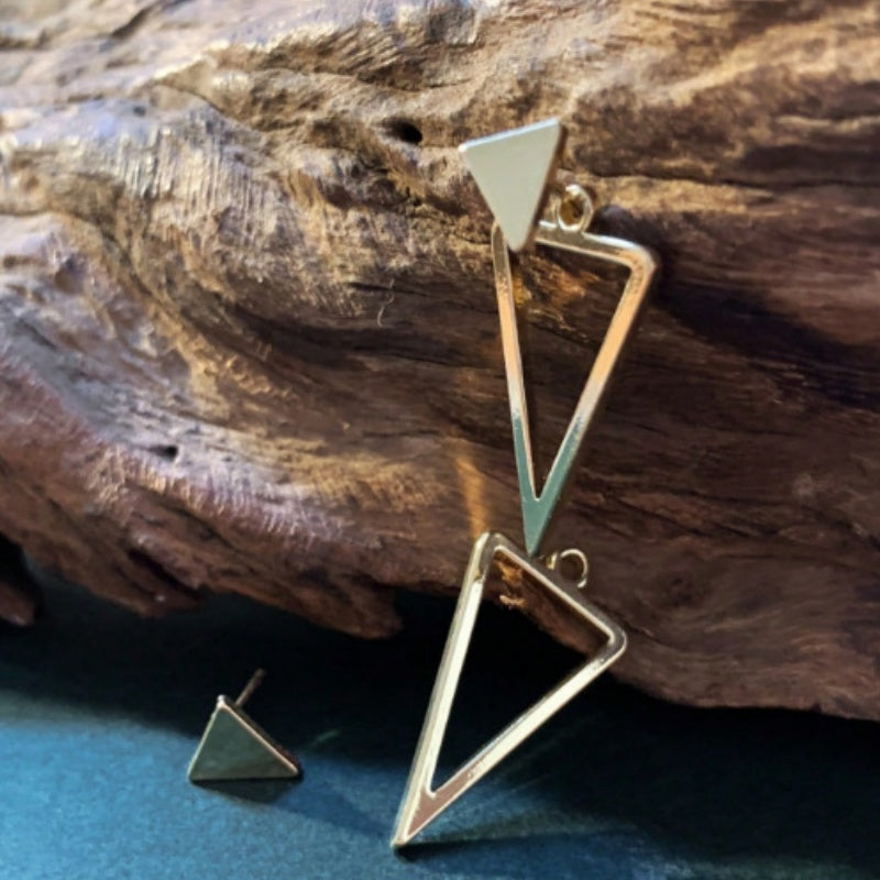 S925 Silver Geometric Double Triangle Earrings, Minimalist Hollow Triangle Drop Earrings in Gold & Silver