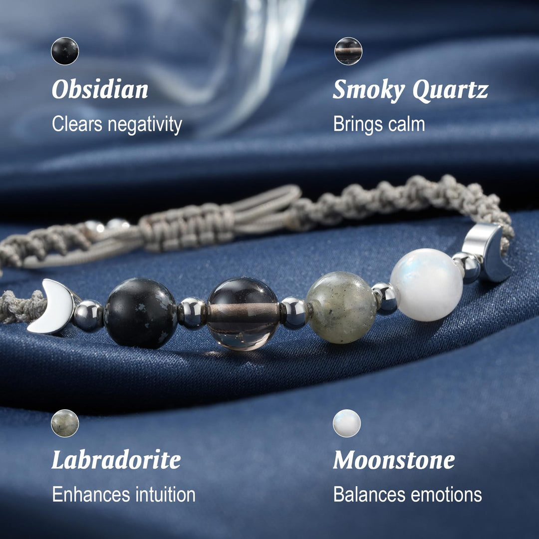 Moon Phase Natural Crystal Adjustable Braided Bracelet, Solid S925 Silver Crescent Healing Energy Stone Wristband, 2 Cord Color Options