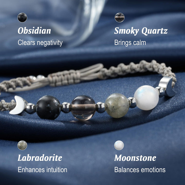 Moon Phase Natural Crystal Adjustable Braided Bracelet, Solid S925 Silver Crescent Healing Energy Stone Wristband, 2 Cord Color Options