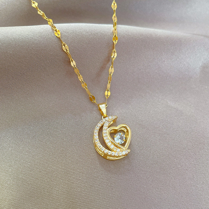 Gold Hollow Moon & Heart Pendant Necklace