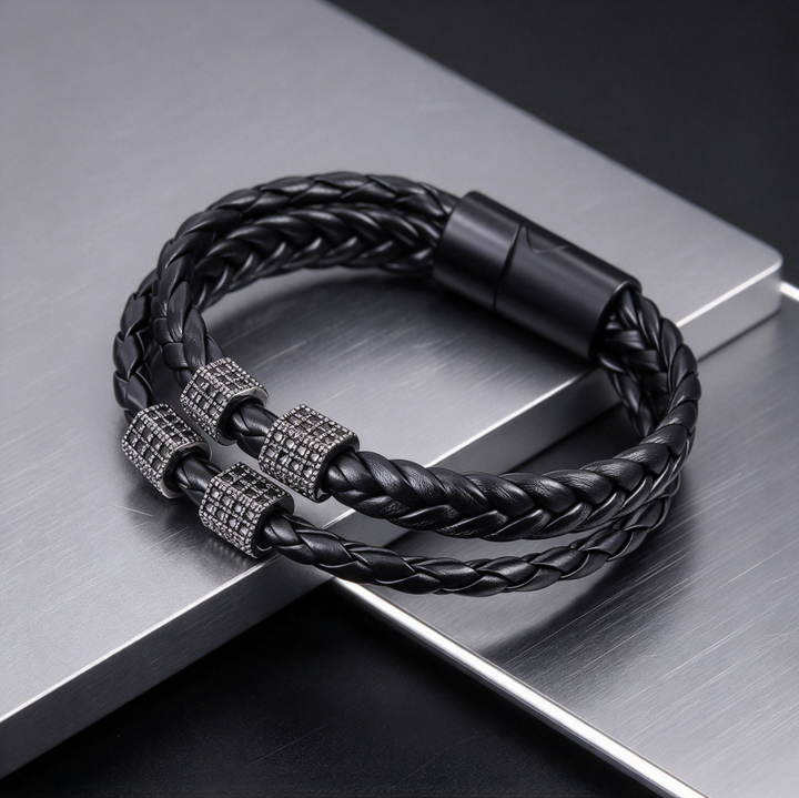 Double Layer Braided Leather Men's Bracelet, Magnetic Clasp Wrist Jewelry with Rhinestone Tube Beads