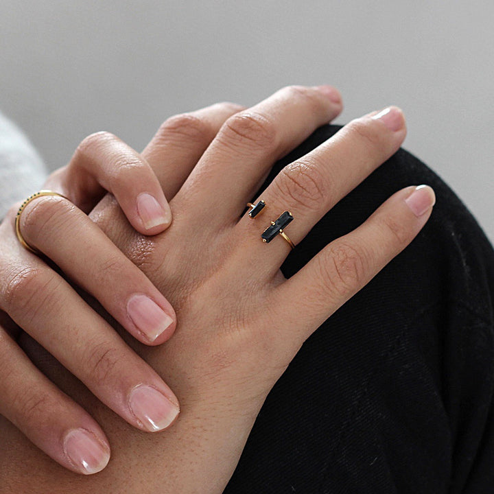 S925 Silver Dual Rectangle Black Diamond Open Ring, Minimal Geometric Asymmetric Black Diamond Adjustable Band