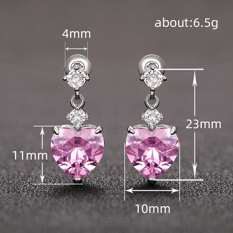 3-Stone Heart Diamond Dangle S925 Silver Stud Earrings, Multi-color Heart Cut Main Stone Luxury Earrings