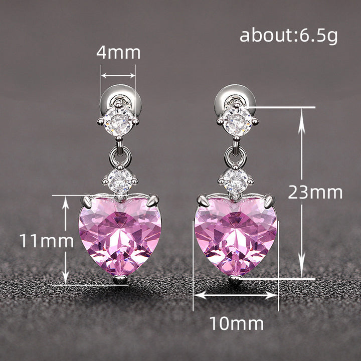 3-Stone Heart Diamond Dangle S925 Silver Stud Earrings, Multi-color Heart Cut Main Stone Luxury Earrings