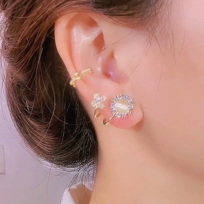W-shaped Curve Cat's Eye Flower S925 Silver Stud Earrings, Minimalist Inlaid Diamond Dual Floral Earrings