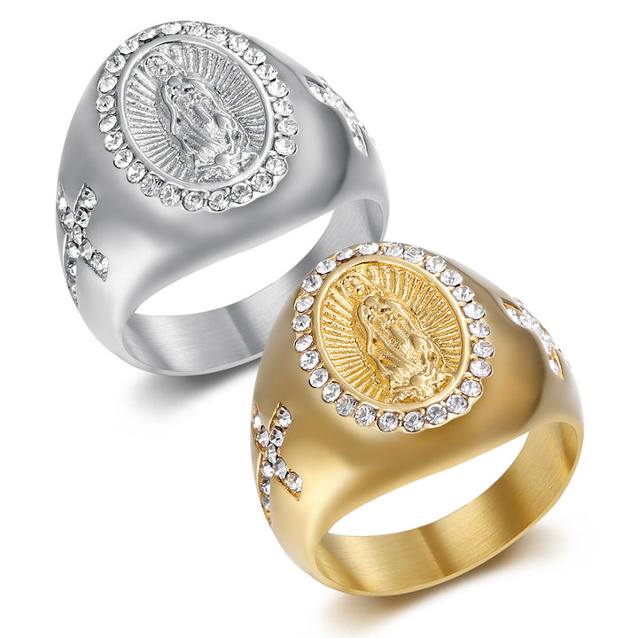 Our Lady of Guadalupe Diamond Oval Signet Ring, S925 Silver Gold & Silver Tone Catholic Prayer Wide Band