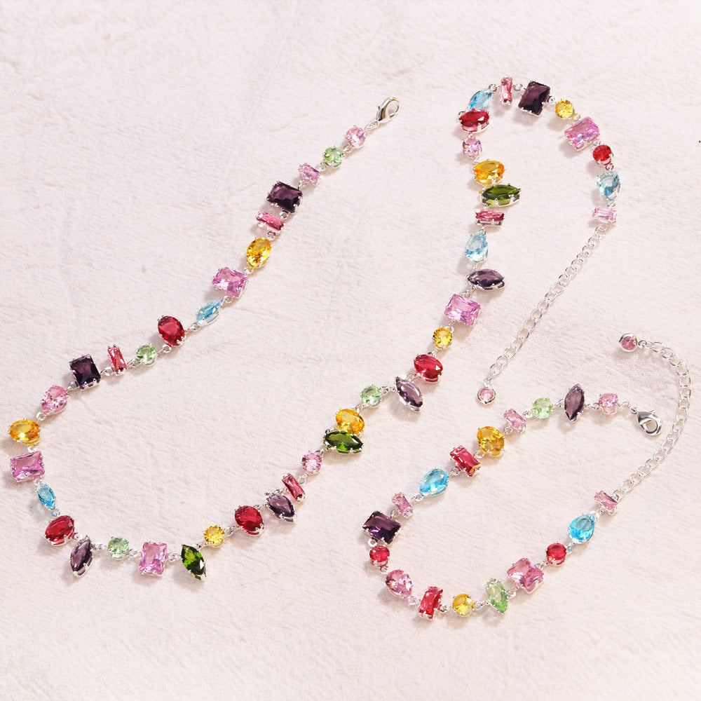 Multi-Shape Rainbow Diamond Prong Chain Jewelry, Gold &amp; Silver Rainbow Gem Bracelet &amp; Matching Choker Necklace Set