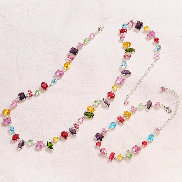 Multi-Shape Rainbow Diamond Prong Chain Jewelry, Gold &amp; Silver Rainbow Gem Bracelet &amp; Matching Choker Necklace Set