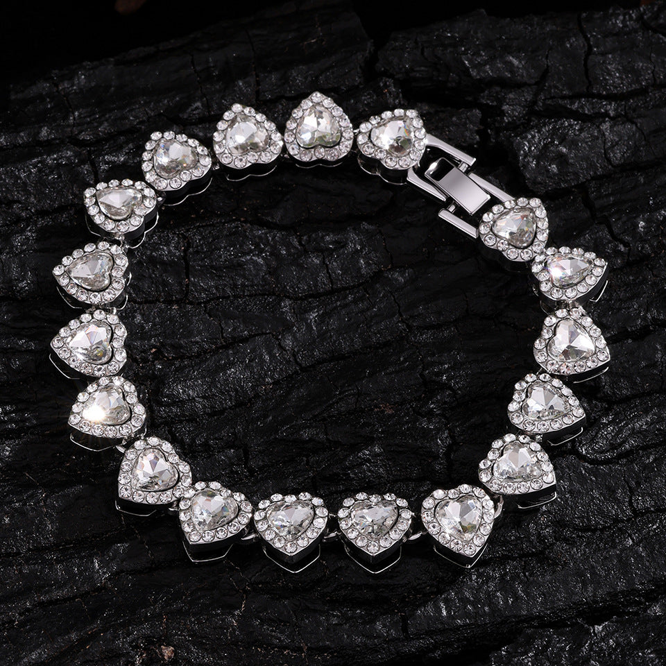 Full Paved Heart Chain Bracelet & Necklace Set, Sweet Style Dual-tone Heart Halo Diamond Matching Jewelry for Women & Couples