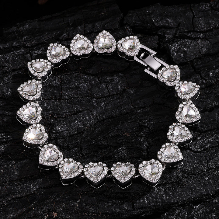 Full Paved Heart Chain Bracelet & Necklace Set, Sweet Style Dual-tone Heart Halo Diamond Matching Jewelry for Women & Couples