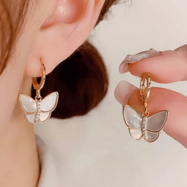 Light Luxury Enamel & Shell Butterfly Hoop Earrings, Delicate Paved Diamond Dainty Gold Dangle Earrings for Women