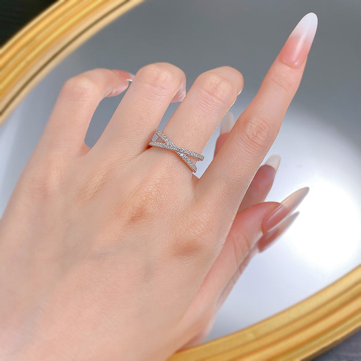 Twisted Cross Paved Diamond X Ring, Double Interlaced Micro Diamond Gold & Silver Luxury Stackable Band