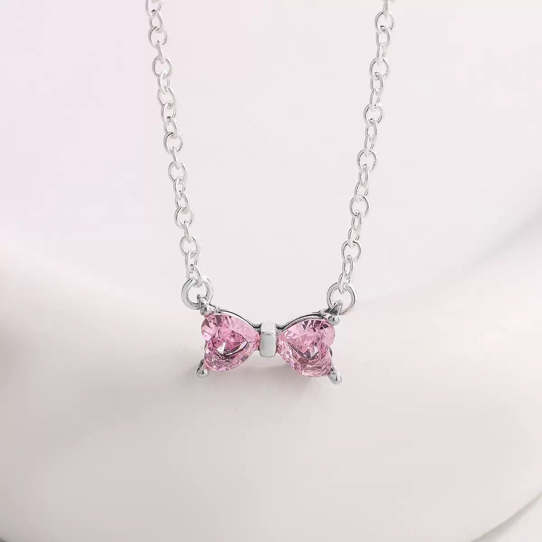 Pink Heart Diamond Bow Jewelry Set, S925 Silver Sweet Girly 3-Piece Necklace Earring Ring Kit