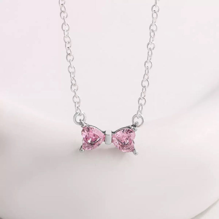 Pink Heart Diamond Bow Jewelry Set, S925 Silver Sweet Girly 3-Piece Necklace Earring Ring Kit