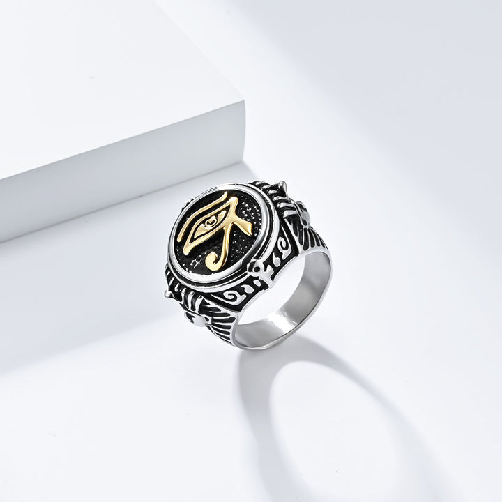 Ancient Egyptian Eye of Horus Embossed Signet Ring, S925 Silver Two-Tone Antiqued Mystic Vintage Band For Men