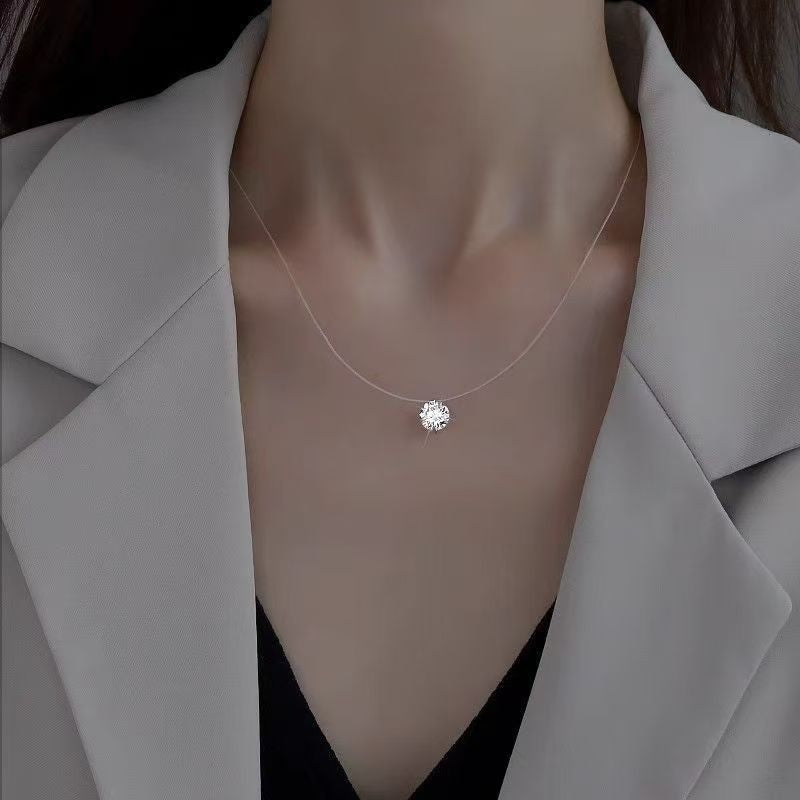 Invisible Fishline Solitaire Necklace (Minimalist Clear Choker)