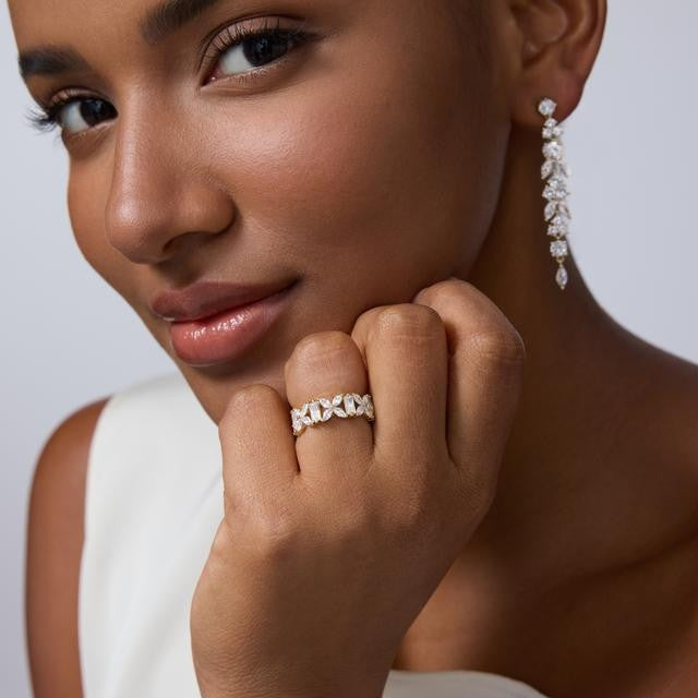 Marquise & Baguette Alternate Flower Full Eternity Ring, Open Clover Diamond Band Gold Silver Luxury Women Statement Jewelry